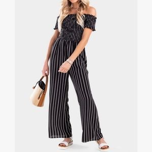 Francesca’s Blue Rain Casely Stripe Off the Shoulder Jumpsuit Black White Large